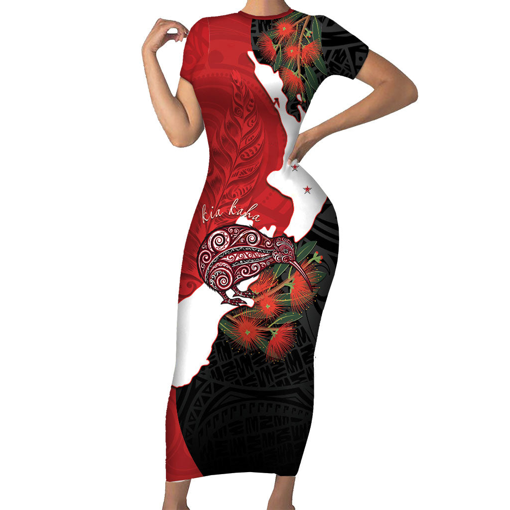 Kiwi New Zealand Personalised Short Sleeve Bodycon Dress NZ Map Pohutukawa Fern Maori Pattern LT22 Long Dress Red - Polynesian Pride