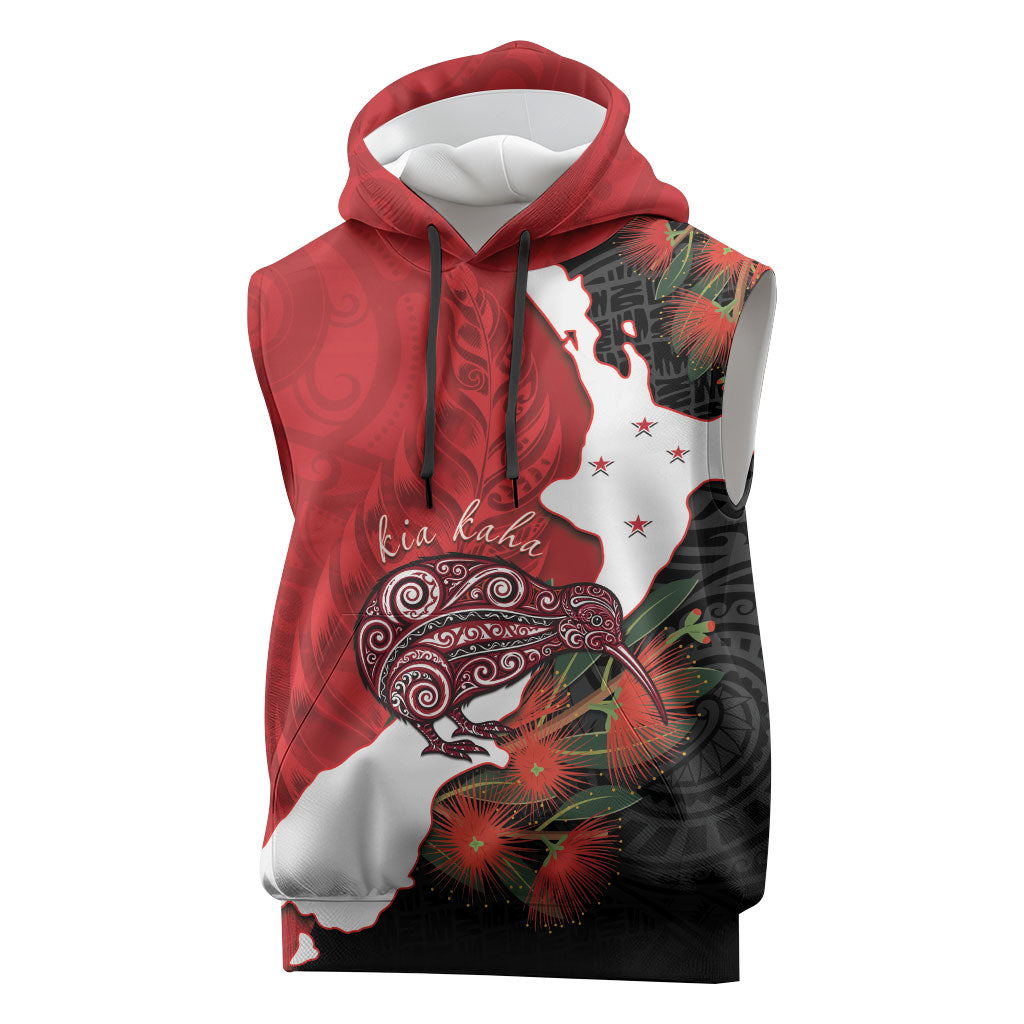 Kiwi New Zealand Personalised Sleeveless Hoodie NZ Map Pohutukawa Fern Maori Pattern LT22 Red - Polynesian Pride