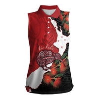 Kiwi New Zealand Personalised Women Sleeveless Polo Shirt NZ Map Pohutukawa Fern Maori Pattern LT22 Female Red - Polynesian Pride