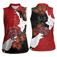 Kiwi New Zealand Personalised Women Sleeveless Polo Shirt NZ Map Pohutukawa Fern Maori Pattern LT22 - Polynesian Pride