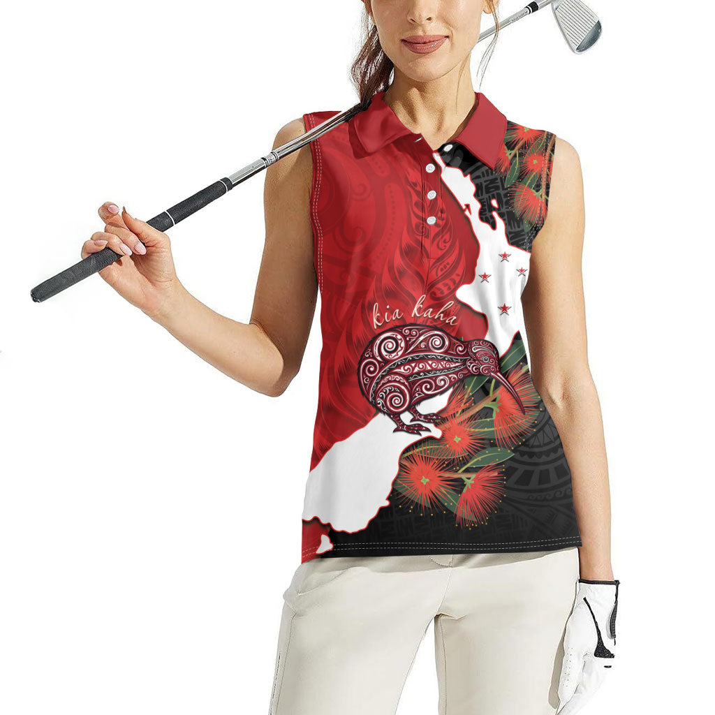 Kiwi New Zealand Personalised Women Sleeveless Polo Shirt NZ Map Pohutukawa Fern Maori Pattern LT22 - Polynesian Pride
