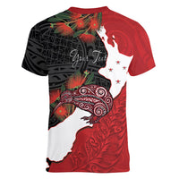 Kiwi New Zealand Personalised Women V-Neck T-Shirt NZ Map Pohutukawa Fern Maori Pattern LT22 - Polynesian Pride