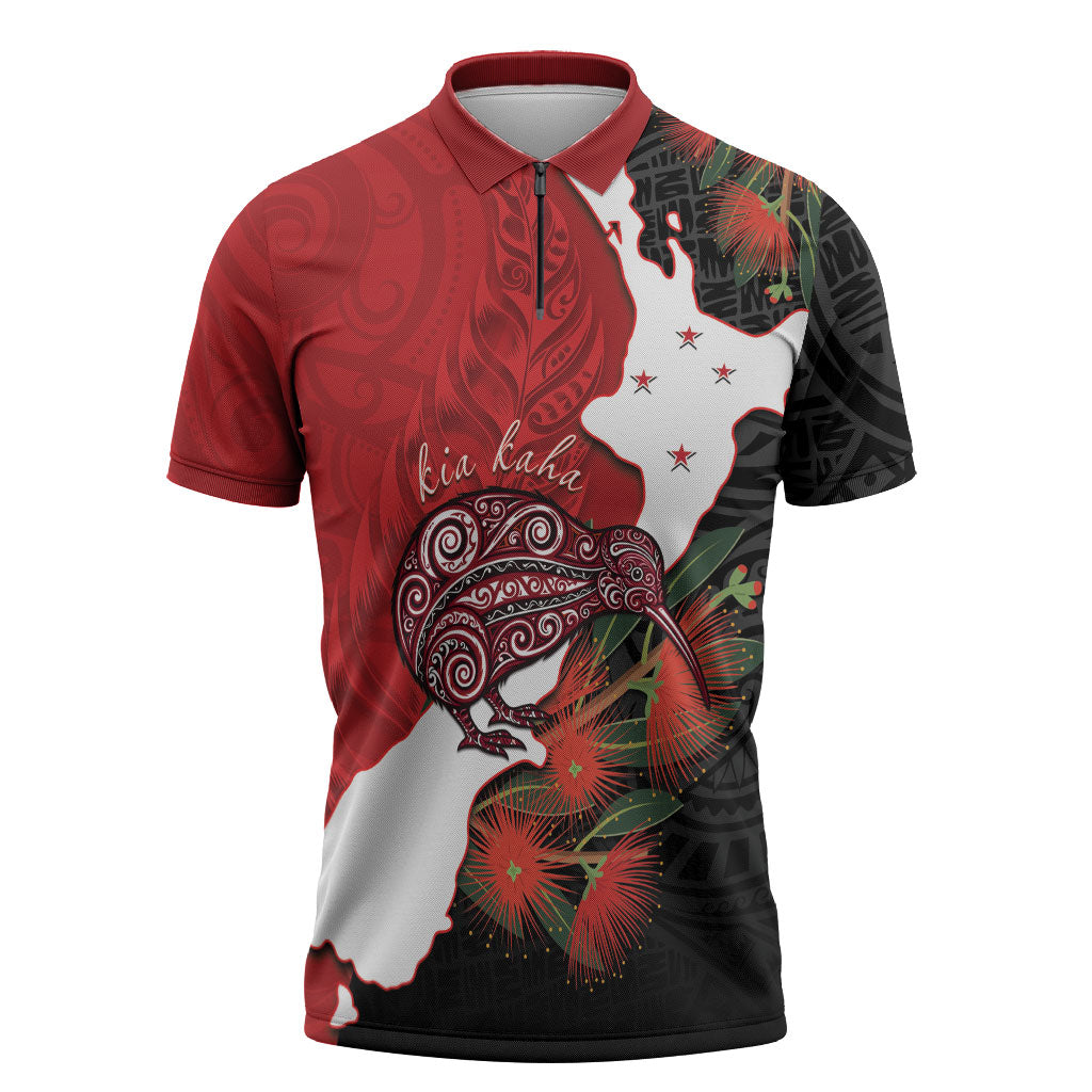 Kiwi New Zealand Personalised Zipper Polo Shirt NZ Map Pohutukawa Fern Maori Pattern