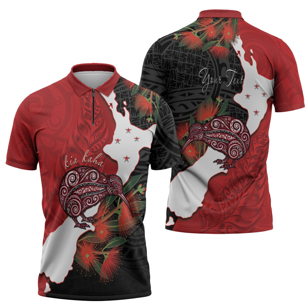 Kiwi New Zealand Personalised Zipper Polo Shirt NZ Map Pohutukawa Fern Maori Pattern LT22 - Polynesian Pride