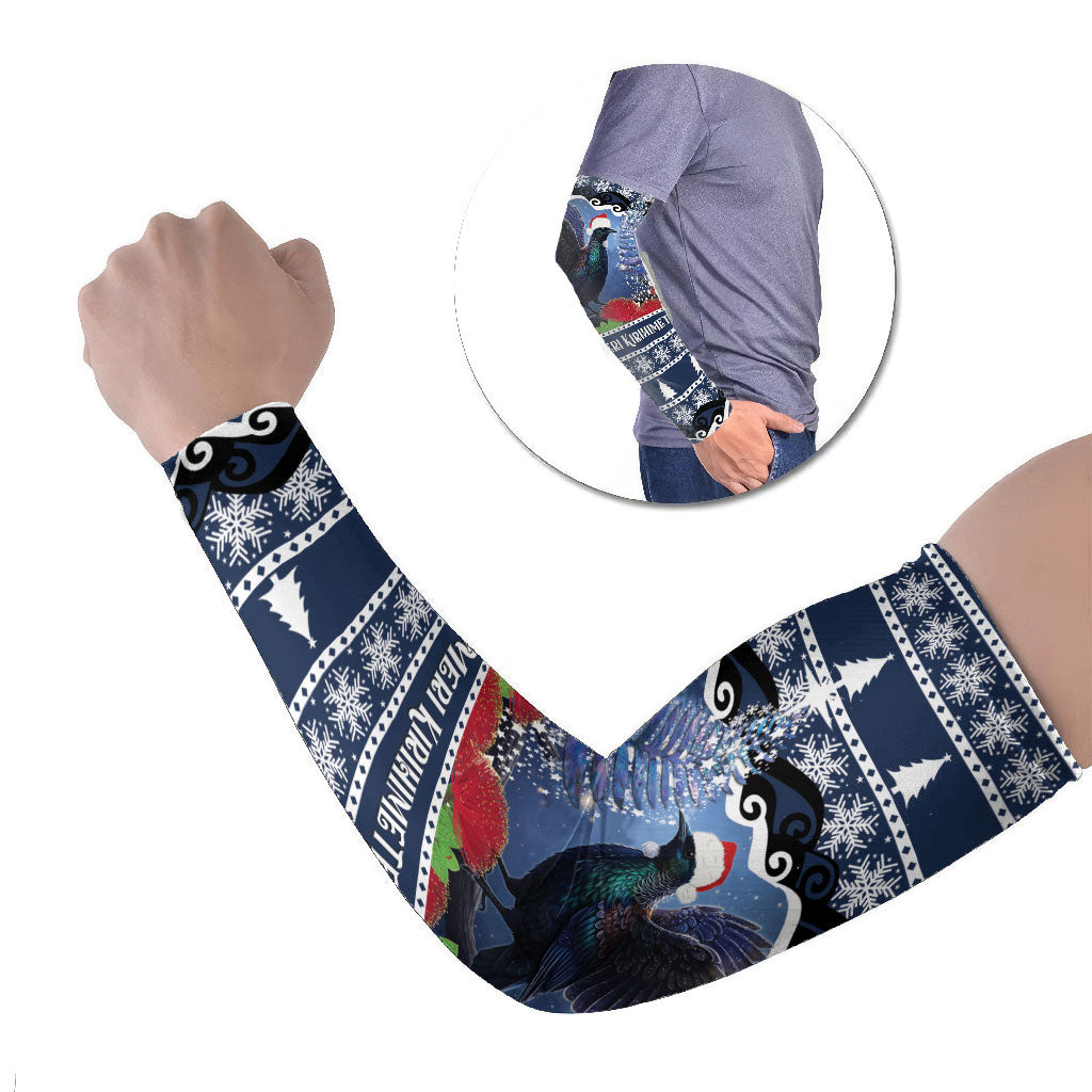 New Zealand Tui Bird Christmas Arm Sleeves Pohutukawa Xmas Tree Meri Kirihimete LT22 Set of 2 Blue - Polynesian Pride