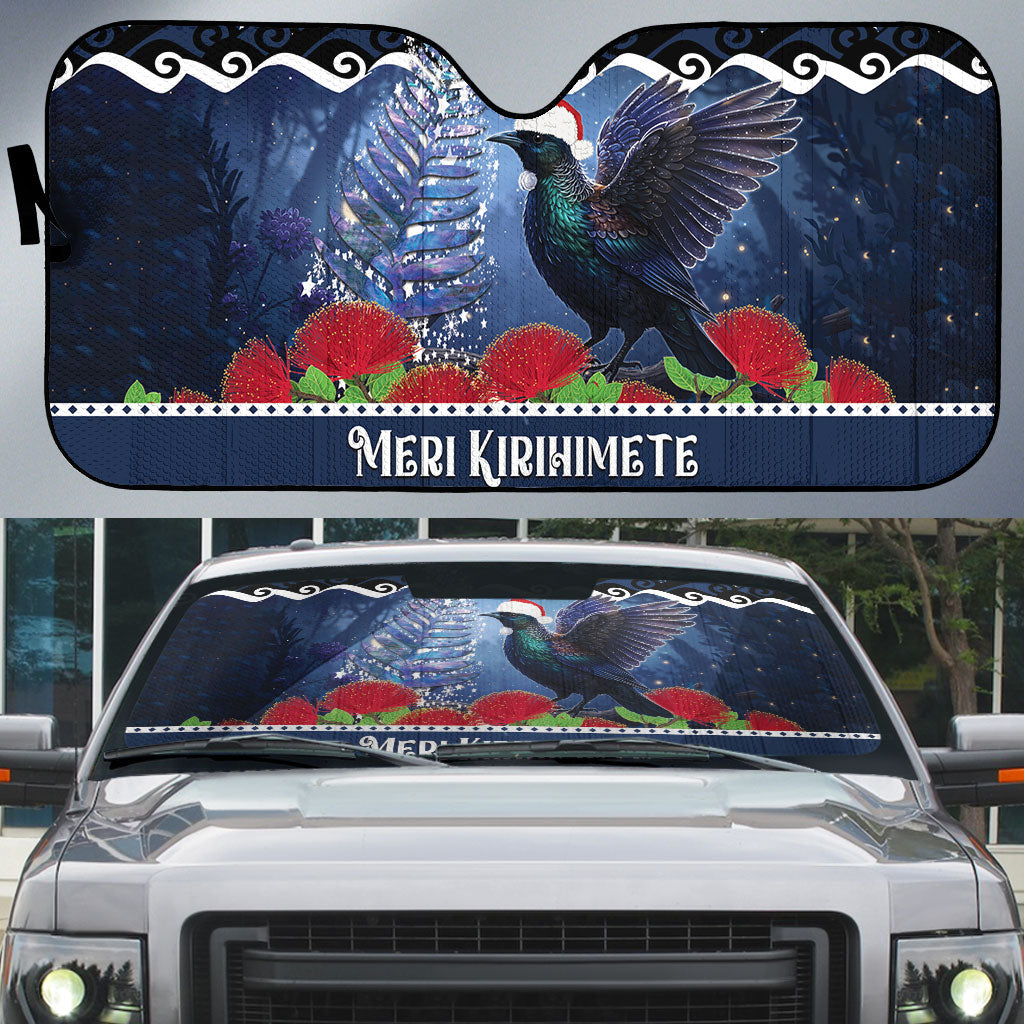New Zealand Tui Bird Christmas Auto Sun Shade Pohutukawa Xmas Tree Meri Kirihimete LT22 Blue - Polynesian Pride