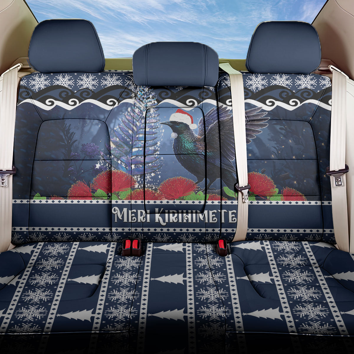 New Zealand Tui Bird Christmas Back Car Seat Cover Pohutukawa Xmas Tree Meri Kirihimete LT22 One Size Blue - Polynesian Pride
