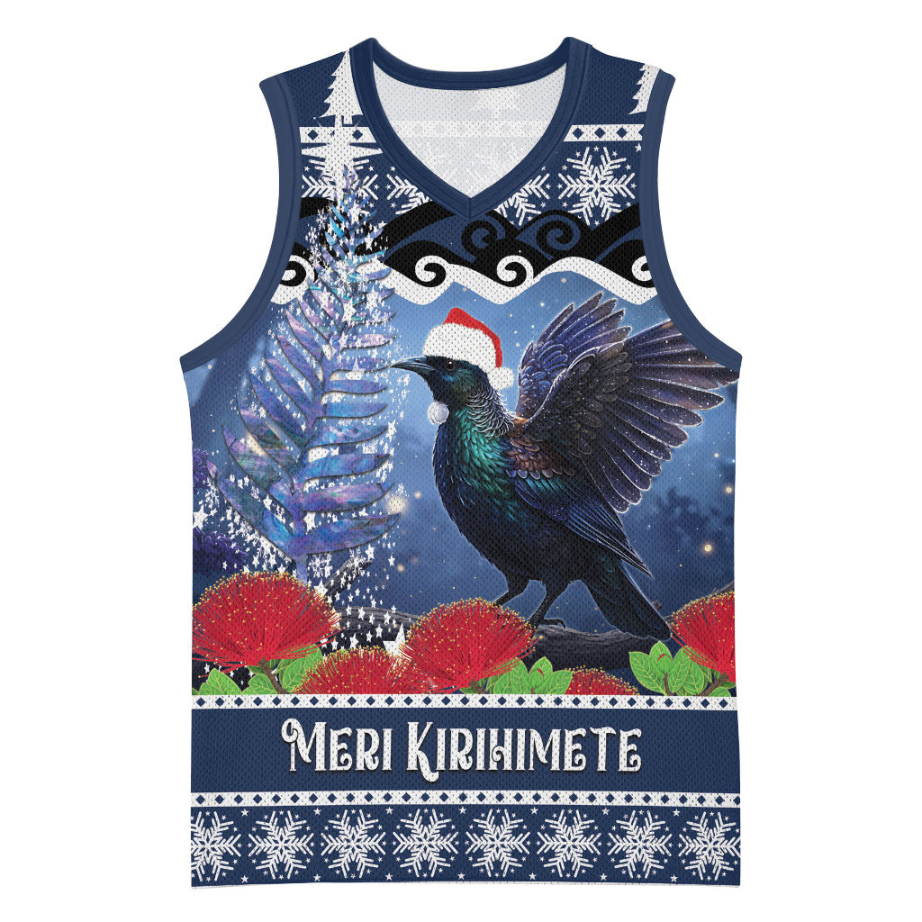 New Zealand Tui Bird Christmas Basketball Jersey Pohutukawa Xmas Tree Meri Kirihimete LT22 Unisex Blue - Polynesian Pride