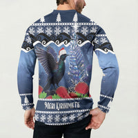 New Zealand Tui Bird Christmas Button Sweatshirt Pohutukawa Xmas Tree Meri Kirihimete