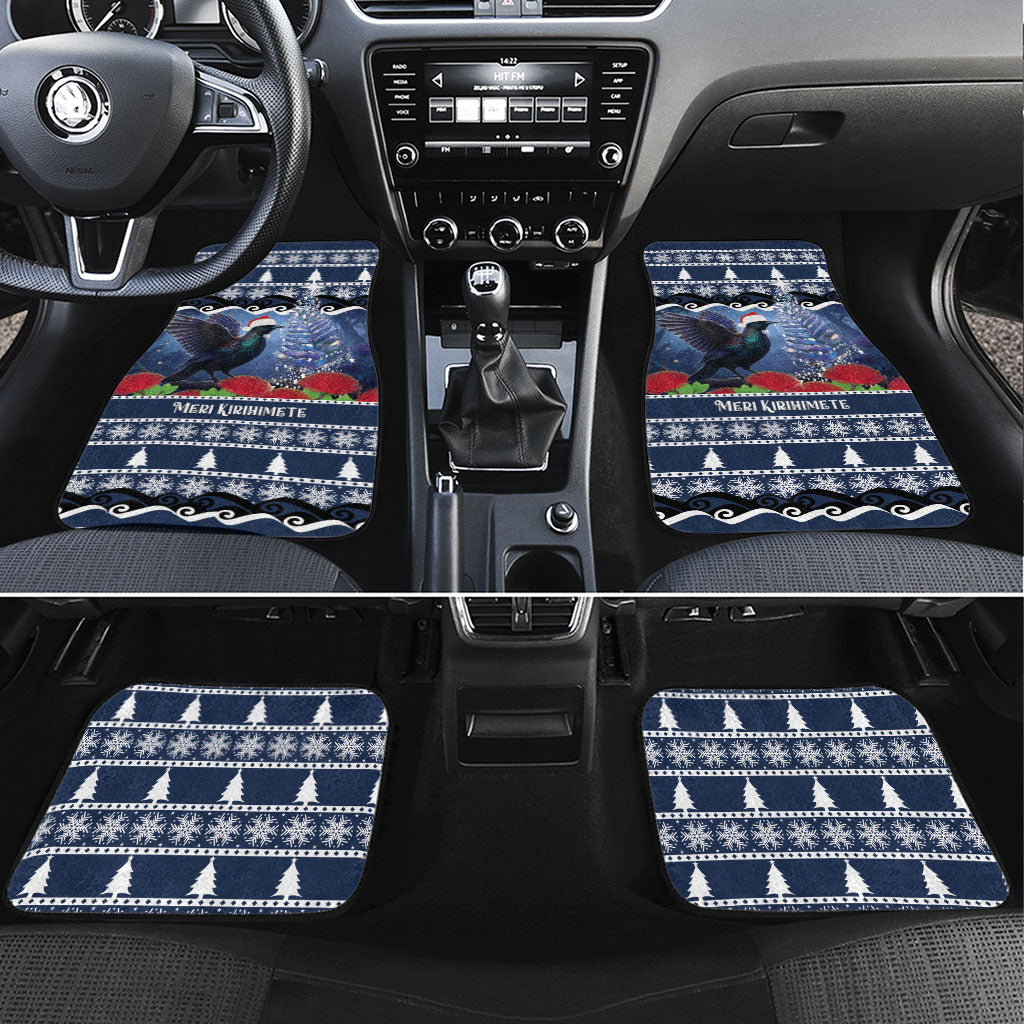 New Zealand Tui Bird Christmas Car Mats Pohutukawa Xmas Tree Meri Kirihimete LT22 Set 4pcs Blue - Polynesian Pride