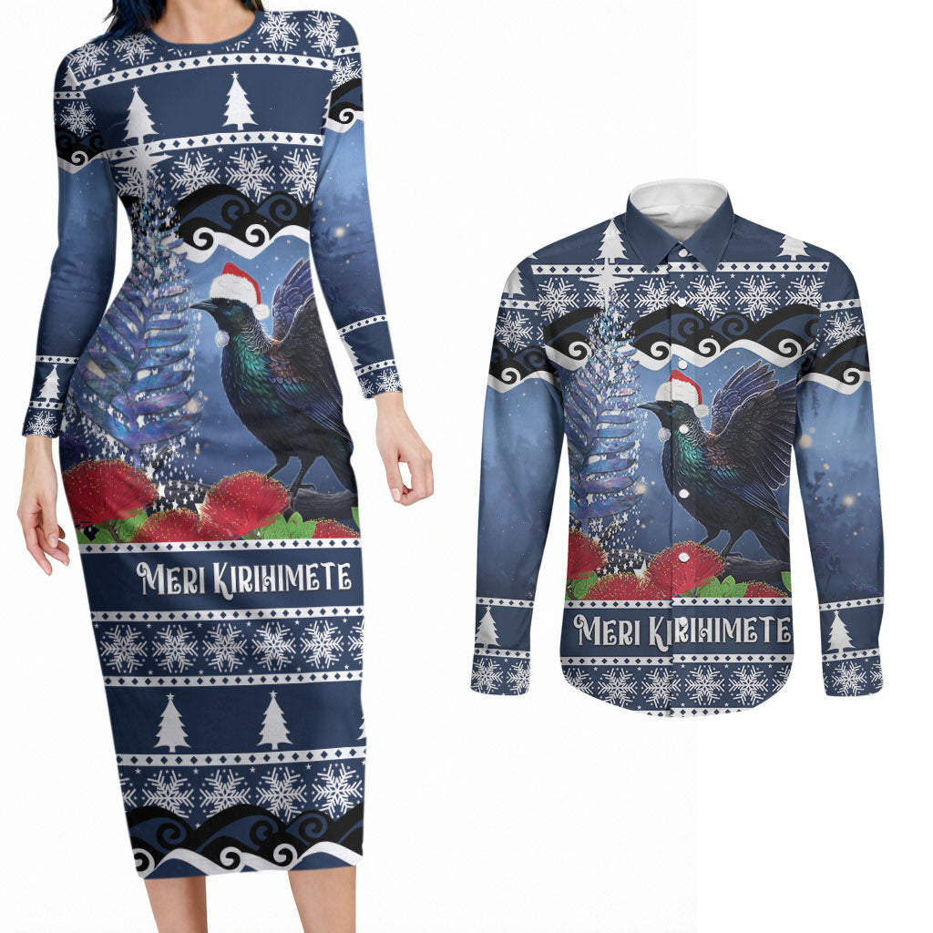 New Zealand Tui Bird Christmas Couples Matching Long Sleeve Bodycon Dress and Long Sleeve Button Shirt Pohutukawa Xmas Tree Meri Kirihimete LT22 Blue - Polynesian Pride