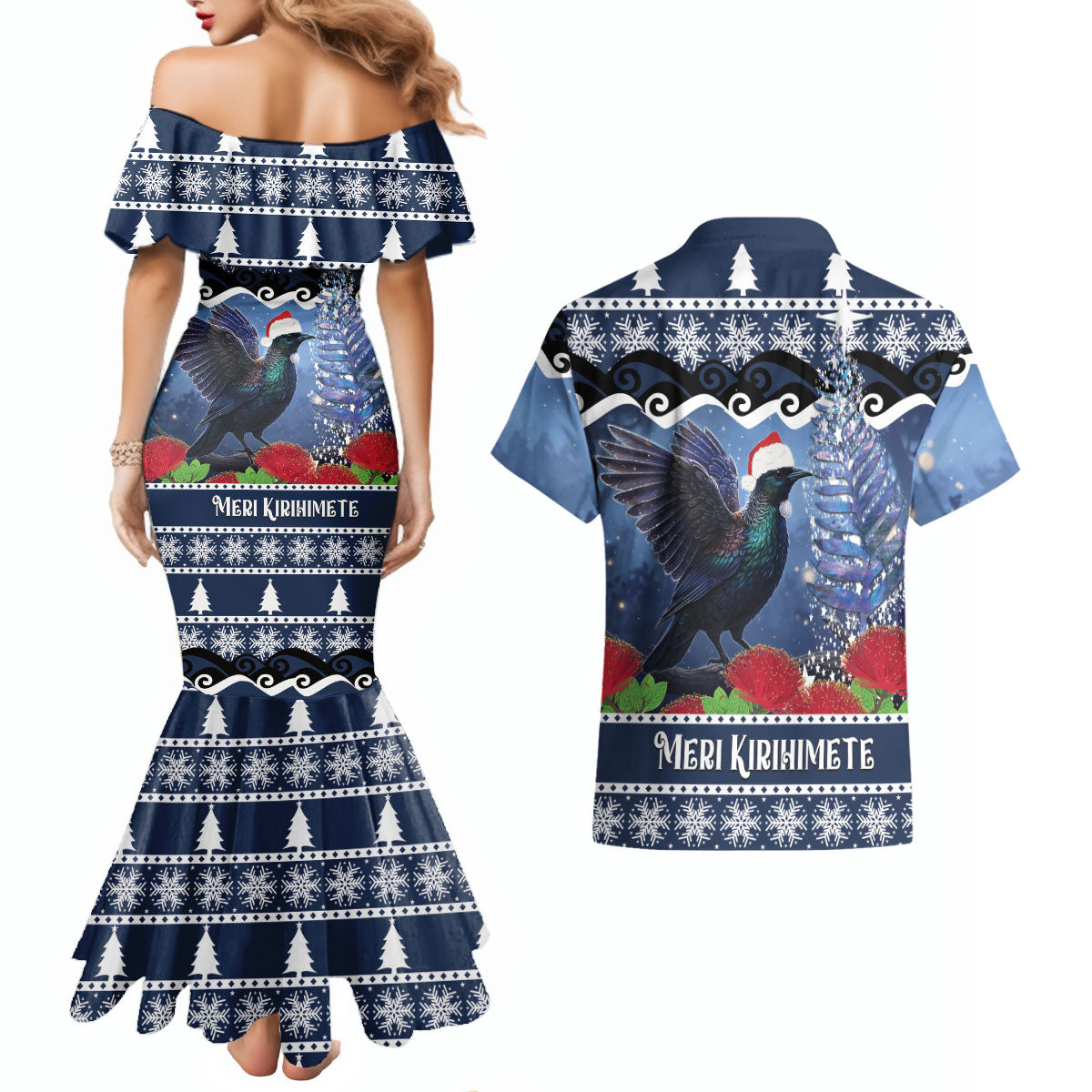 New Zealand Tui Bird Christmas Couples Matching Mermaid Dress and Hawaiian Shirt Pohutukawa Xmas Tree Meri Kirihimete LT22 - Polynesian Pride