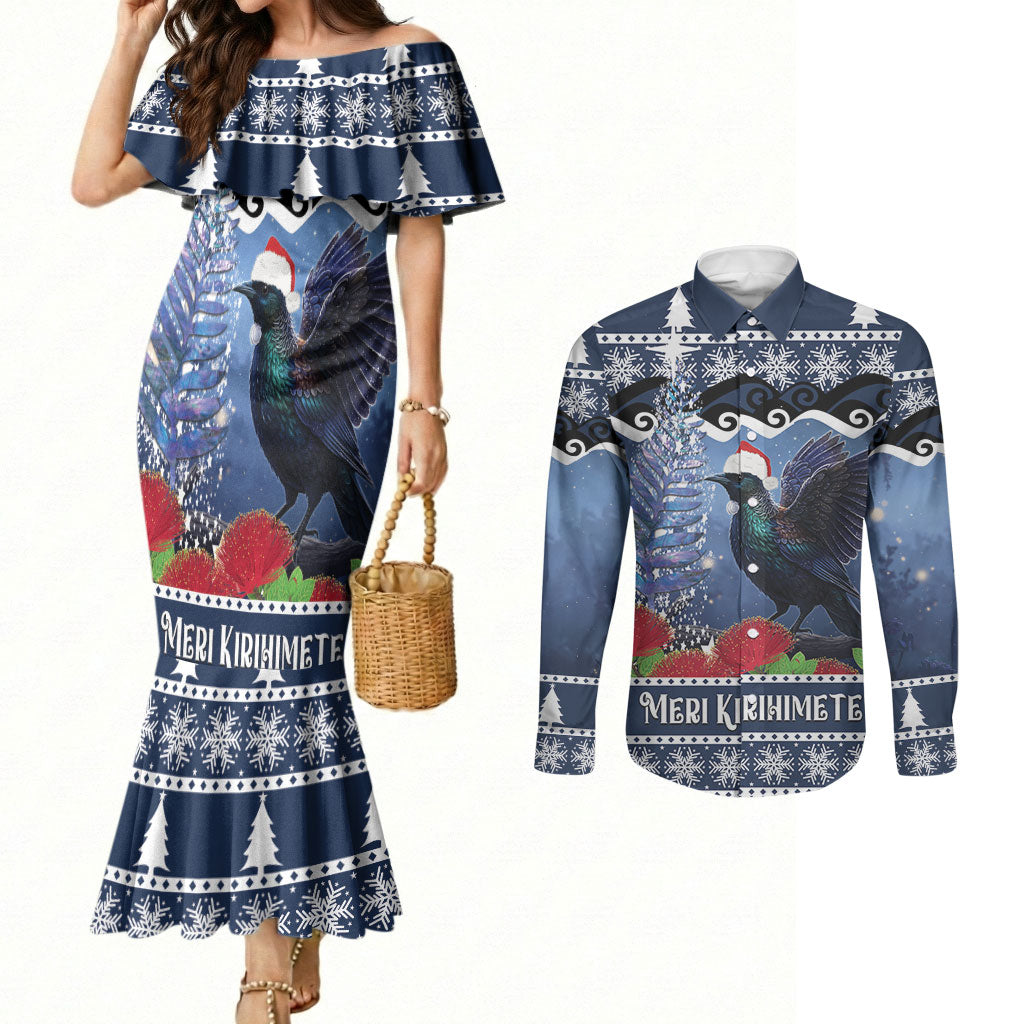 New Zealand Tui Bird Christmas Couples Matching Mermaid Dress and Long Sleeve Button Shirt Pohutukawa Xmas Tree Meri Kirihimete LT22 Blue - Polynesian Pride