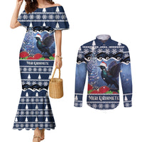 New Zealand Tui Bird Christmas Couples Matching Mermaid Dress and Long Sleeve Button Shirt Pohutukawa Xmas Tree Meri Kirihimete LT22 Blue - Polynesian Pride