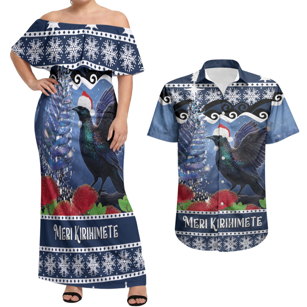 New Zealand Tui Bird Christmas Couples Matching Off Shoulder Maxi Dress and Hawaiian Shirt Pohutukawa Xmas Tree Meri Kirihimete LT22 Blue - Polynesian Pride