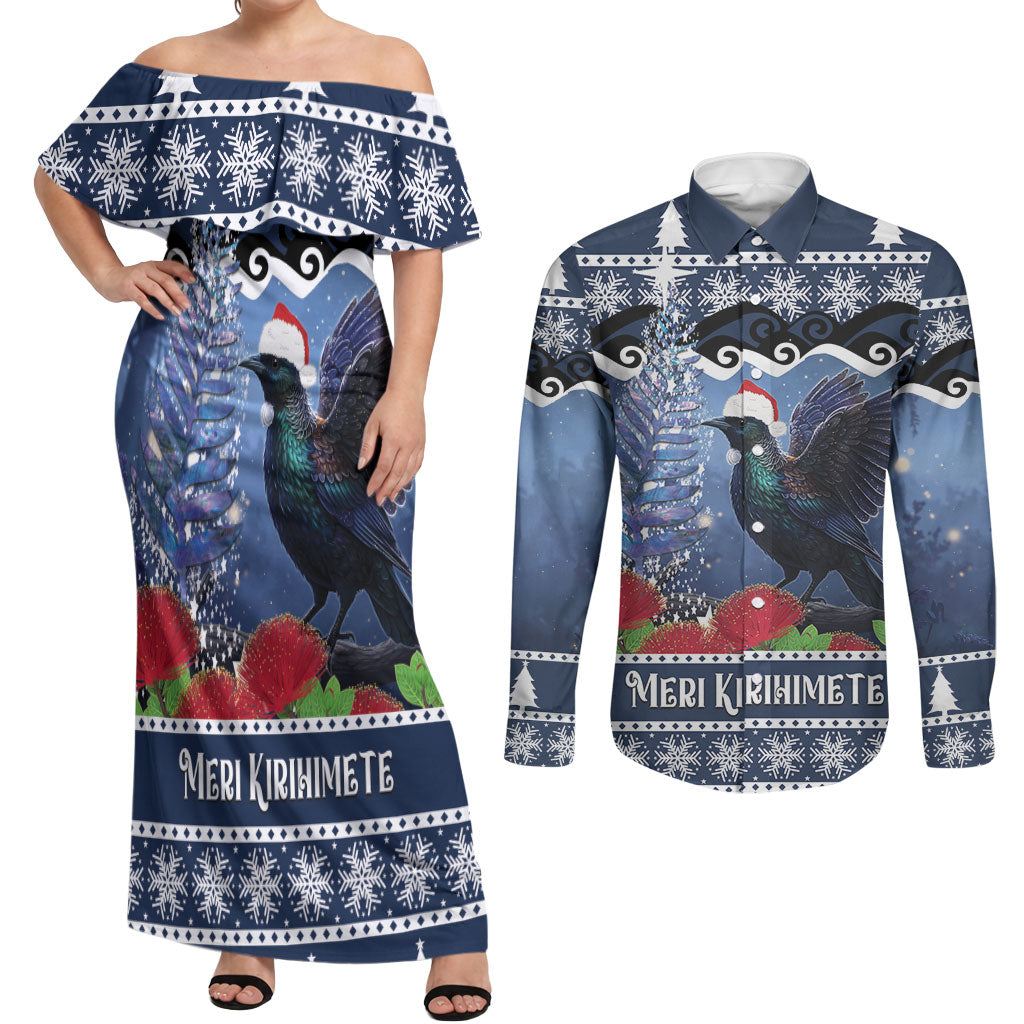 New Zealand Tui Bird Christmas Couples Matching Off Shoulder Maxi Dress and Long Sleeve Button Shirt Pohutukawa Xmas Tree Meri Kirihimete LT22 Blue - Polynesian Pride