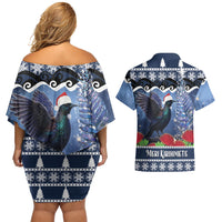 New Zealand Tui Bird Christmas Couples Matching Off Shoulder Short Dress and Hawaiian Shirt Pohutukawa Xmas Tree Meri Kirihimete LT22 - Polynesian Pride