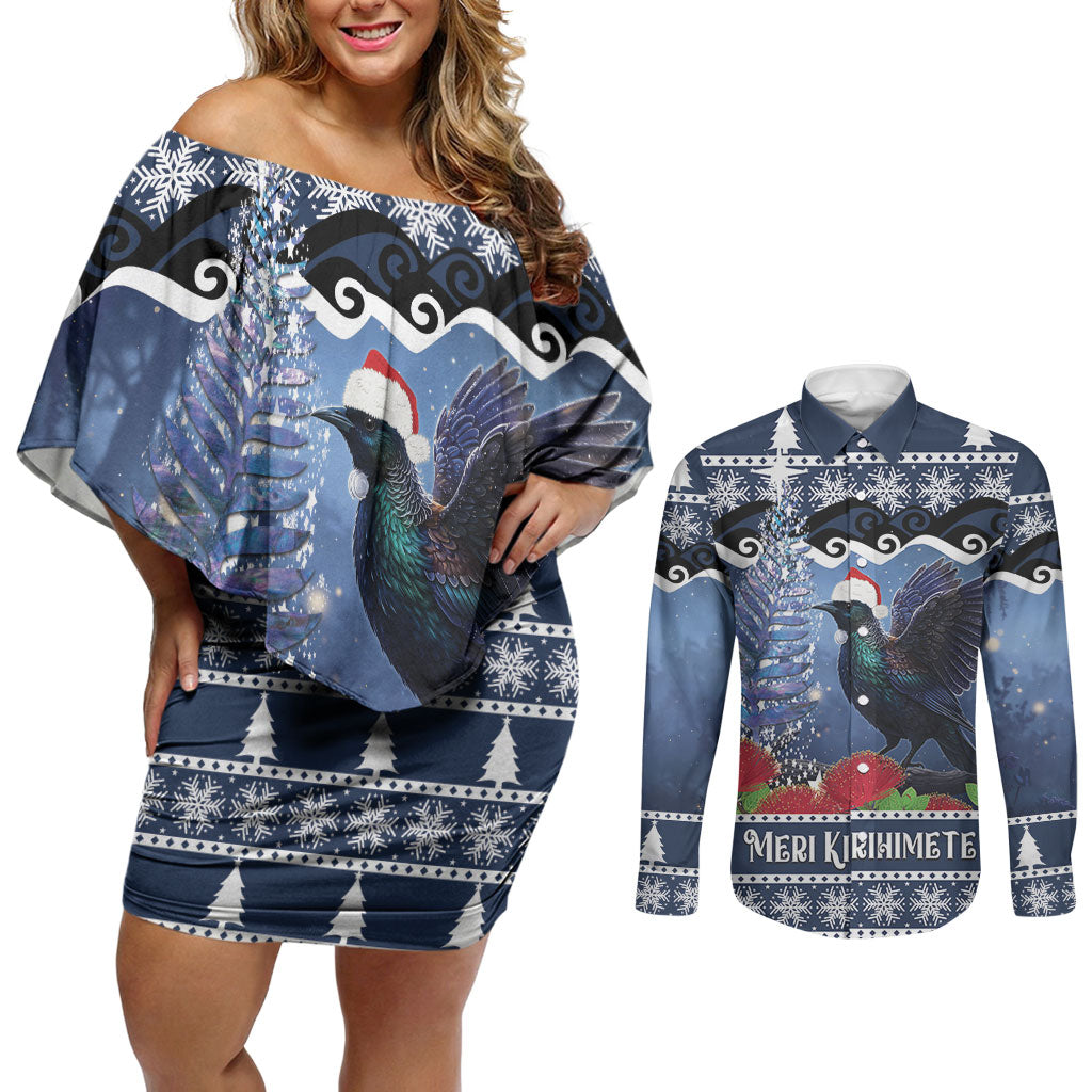 New Zealand Tui Bird Christmas Couples Matching Off Shoulder Short Dress and Long Sleeve Button Shirt Pohutukawa Xmas Tree Meri Kirihimete LT22 Blue - Polynesian Pride