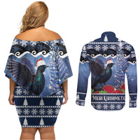 New Zealand Tui Bird Christmas Couples Matching Off Shoulder Short Dress and Long Sleeve Button Shirt Pohutukawa Xmas Tree Meri Kirihimete LT22 - Polynesian Pride
