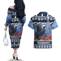 New Zealand Tui Bird Christmas Couples Matching Off The Shoulder Long Sleeve Dress and Hawaiian Shirt Pohutukawa Xmas Tree Meri Kirihimete LT22 - Polynesian Pride