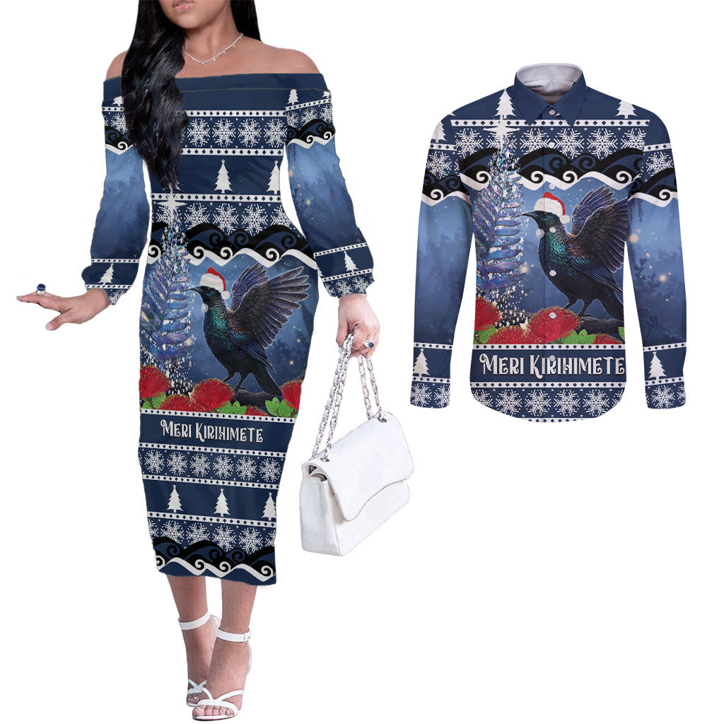 New Zealand Tui Bird Christmas Couples Matching Off The Shoulder Long Sleeve Dress and Long Sleeve Button Shirt Pohutukawa Xmas Tree Meri Kirihimete LT22 Blue - Polynesian Pride
