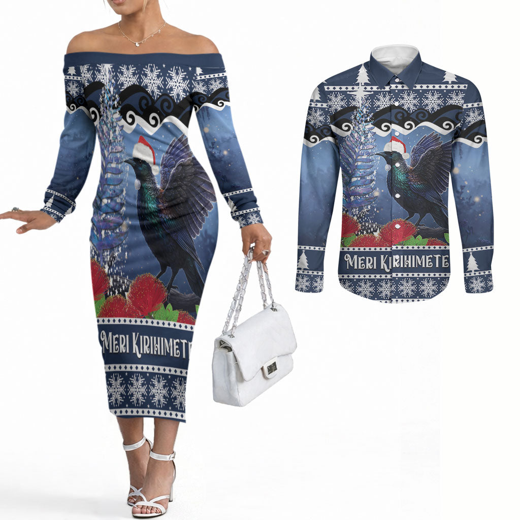 New Zealand Tui Bird Christmas Couples Matching Off The Shoulder Long Sleeve Dress and Long Sleeve Button Shirt Pohutukawa Xmas Tree Meri Kirihimete LT22 Blue - Polynesian Pride