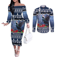 New Zealand Tui Bird Christmas Couples Matching Off The Shoulder Long Sleeve Dress and Long Sleeve Button Shirt Pohutukawa Xmas Tree Meri Kirihimete LT22 Blue - Polynesian Pride