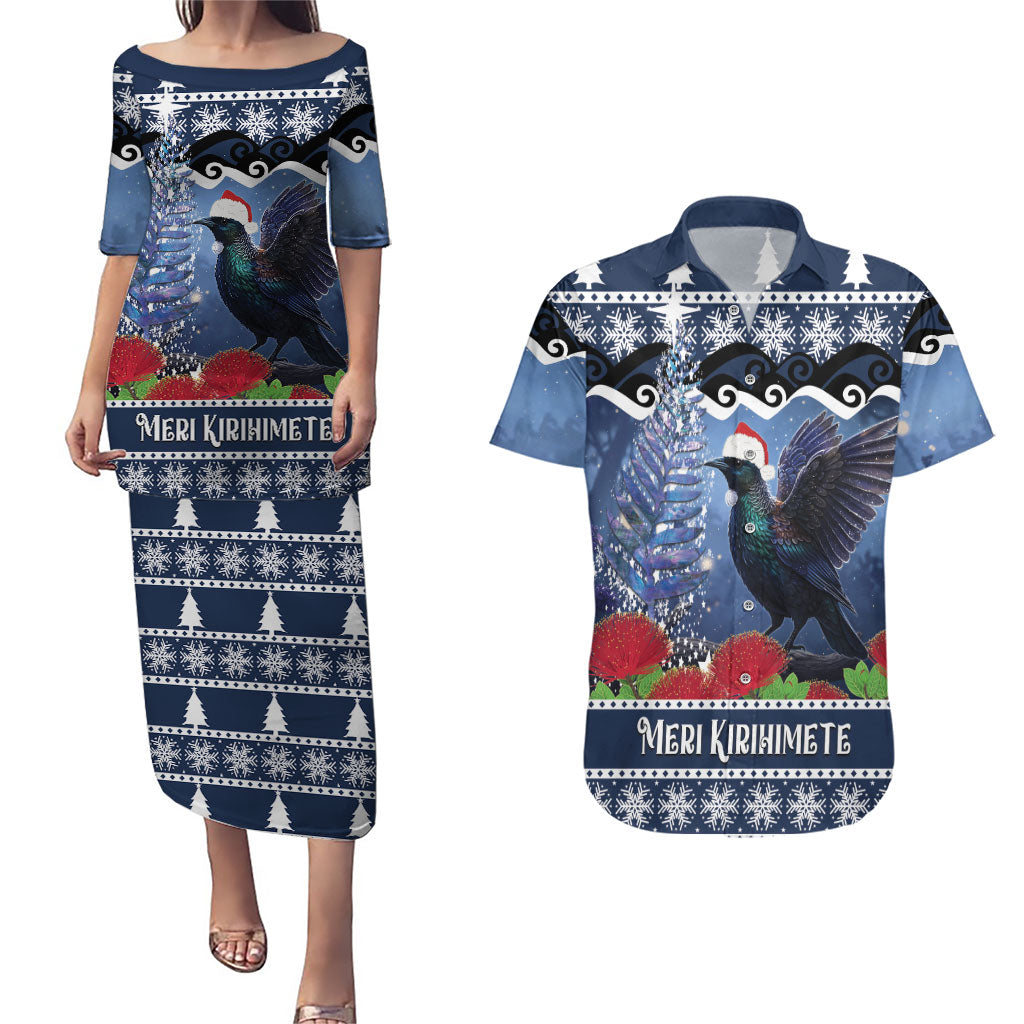 New Zealand Tui Bird Christmas Couples Matching Puletasi and Hawaiian Shirt Pohutukawa Xmas Tree Meri Kirihimete LT22 Blue - Polynesian Pride