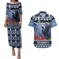 New Zealand Tui Bird Christmas Couples Matching Puletasi and Hawaiian Shirt Pohutukawa Xmas Tree Meri Kirihimete LT22 Blue - Polynesian Pride
