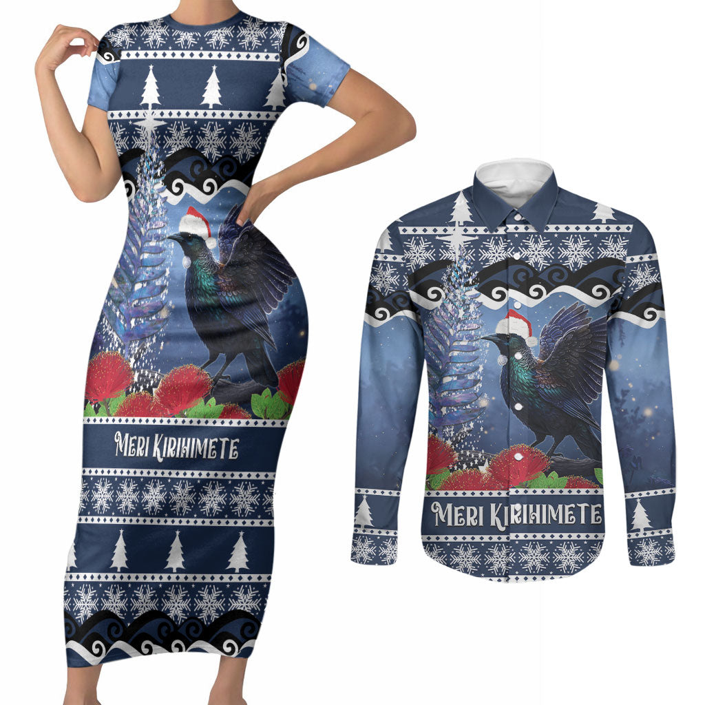 New Zealand Tui Bird Christmas Couples Matching Short Sleeve Bodycon Dress and Long Sleeve Button Shirt Pohutukawa Xmas Tree Meri Kirihimete LT22 Blue - Polynesian Pride