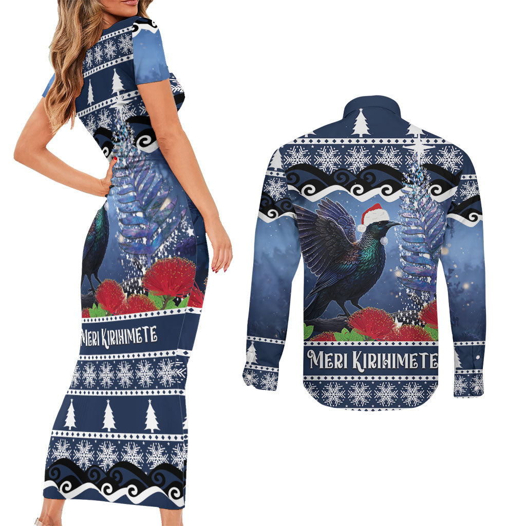 New Zealand Tui Bird Christmas Couples Matching Short Sleeve Bodycon Dress and Long Sleeve Button Shirt Pohutukawa Xmas Tree Meri Kirihimete LT22 - Polynesian Pride