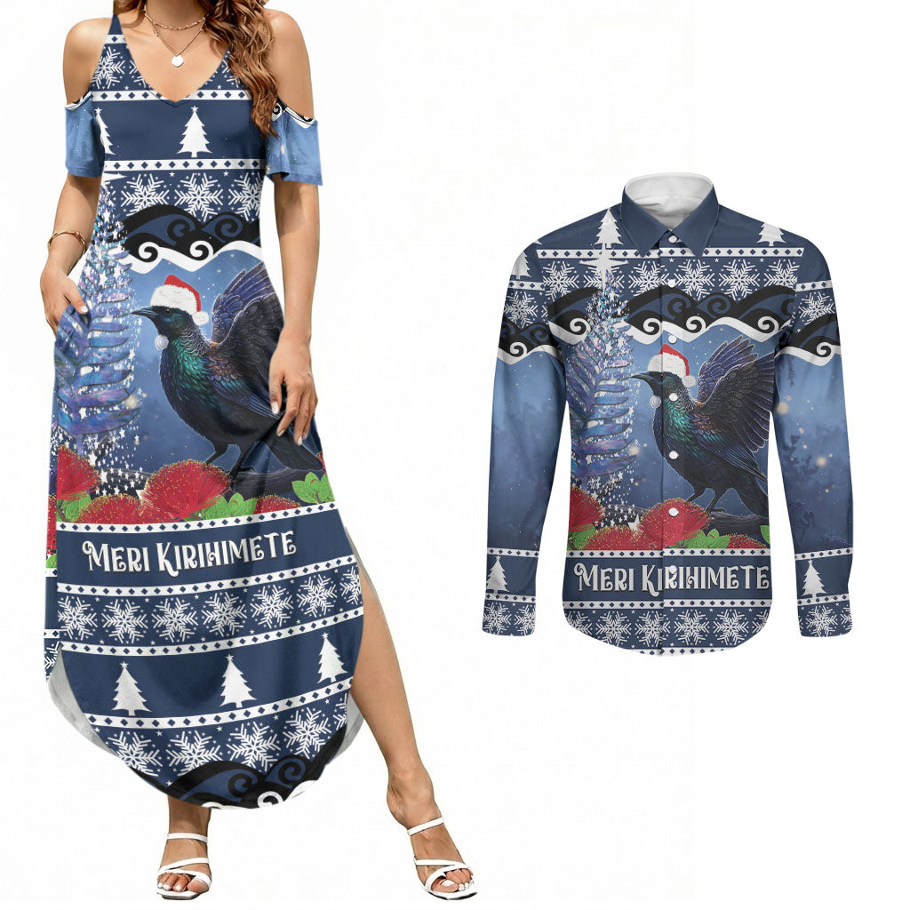 New Zealand Tui Bird Christmas Couples Matching Summer Maxi Dress and Long Sleeve Button Shirt Pohutukawa Xmas Tree Meri Kirihimete LT22 Blue - Polynesian Pride