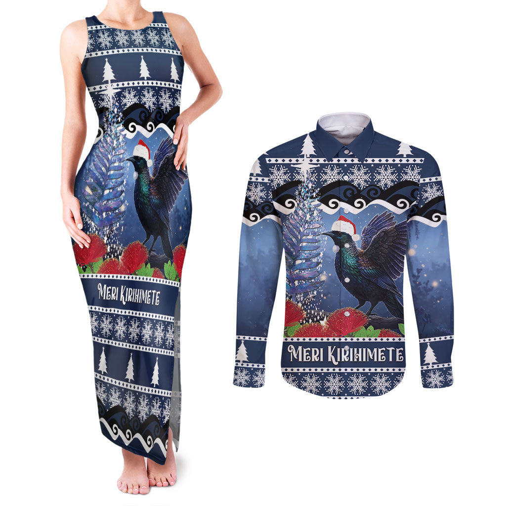 New Zealand Tui Bird Christmas Couples Matching Tank Maxi Dress and Long Sleeve Button Shirt Pohutukawa Xmas Tree Meri Kirihimete LT22 Blue - Polynesian Pride