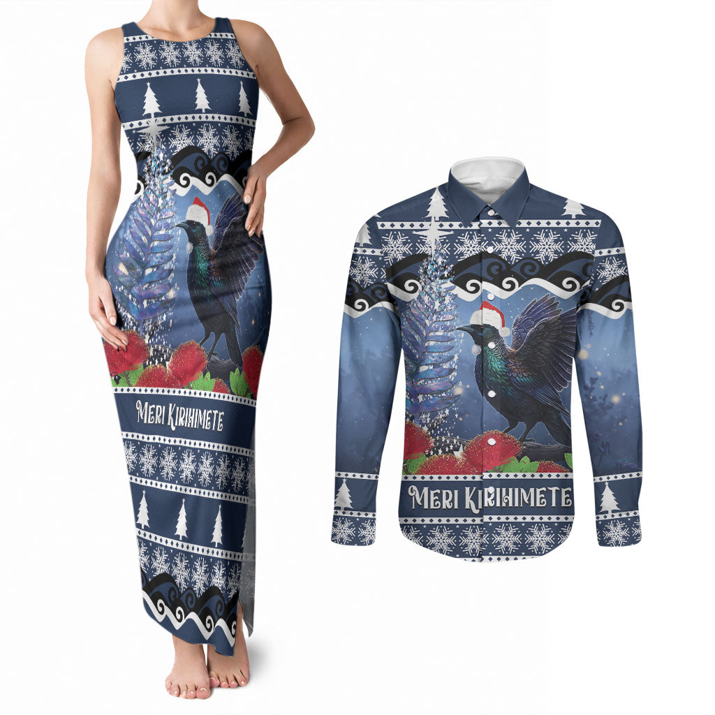 New Zealand Tui Bird Christmas Couples Matching Tank Maxi Dress and Long Sleeve Button Shirt Pohutukawa Xmas Tree Meri Kirihimete LT22 Blue - Polynesian Pride