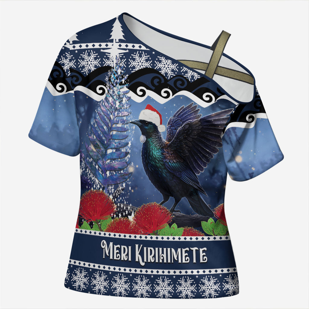 New Zealand Tui Bird Christmas Cross Shoulder Shirt Pohutukawa Xmas Tree Meri Kirihimete LT22 Female Blue - Polynesian Pride