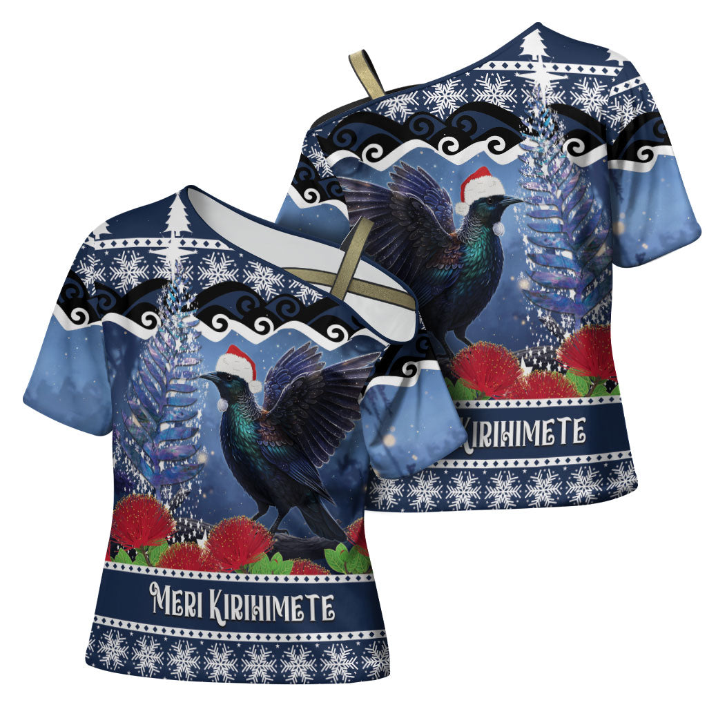 New Zealand Tui Bird Christmas Cross Shoulder Shirt Pohutukawa Xmas Tree Meri Kirihimete LT22 - Polynesian Pride