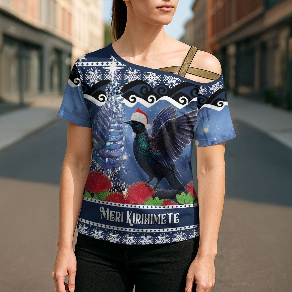 New Zealand Tui Bird Christmas Cross Shoulder Shirt Pohutukawa Xmas Tree Meri Kirihimete LT22 - Polynesian Pride