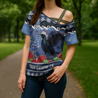 New Zealand Tui Bird Christmas Cross Shoulder Shirt Pohutukawa Xmas Tree Meri Kirihimete LT22 - Polynesian Pride