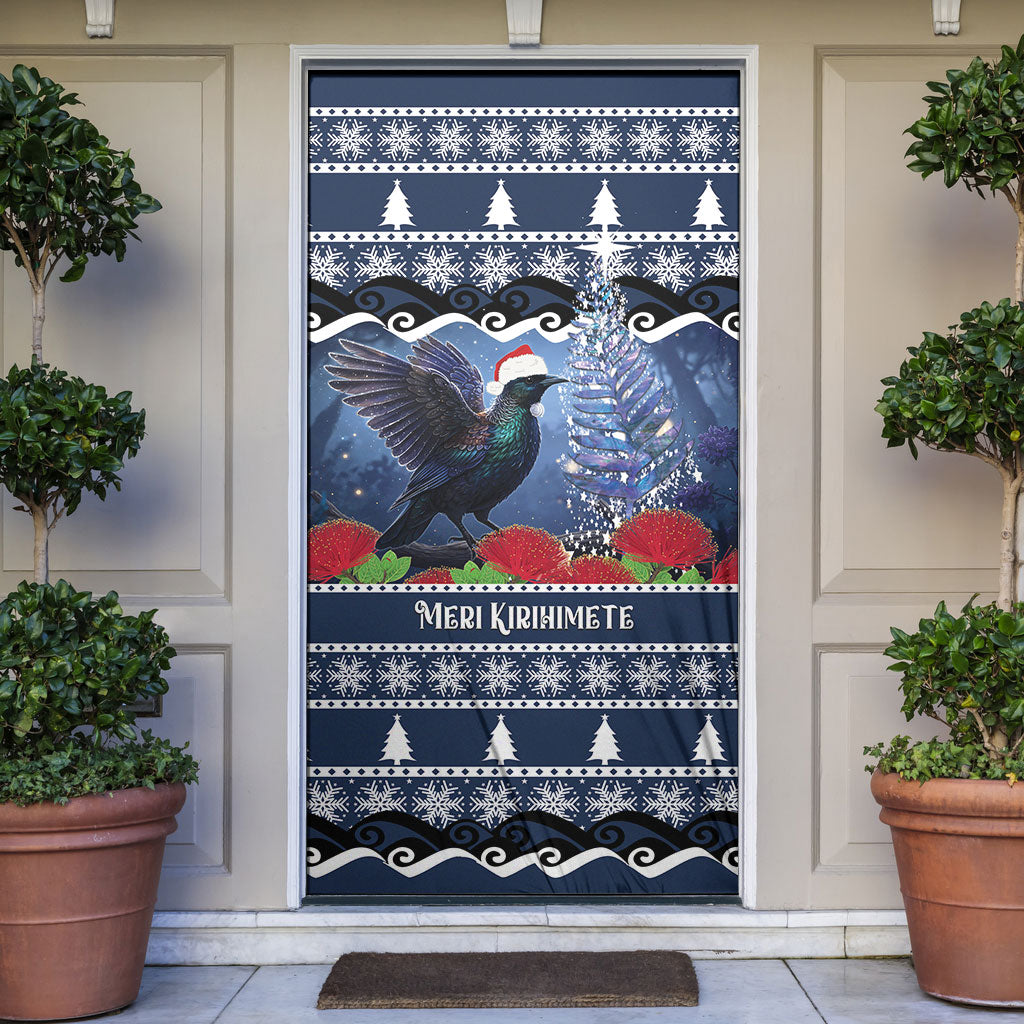 New Zealand Tui Bird Christmas Door Cover Pohutukawa Xmas Tree Meri Kirihimete LT22 Blue - Polynesian Pride
