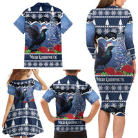 New Zealand Tui Bird Christmas Family Matching Long Sleeve Bodycon Dress and Hawaiian Shirt Pohutukawa Xmas Tree Meri Kirihimete LT22 - Polynesian Pride