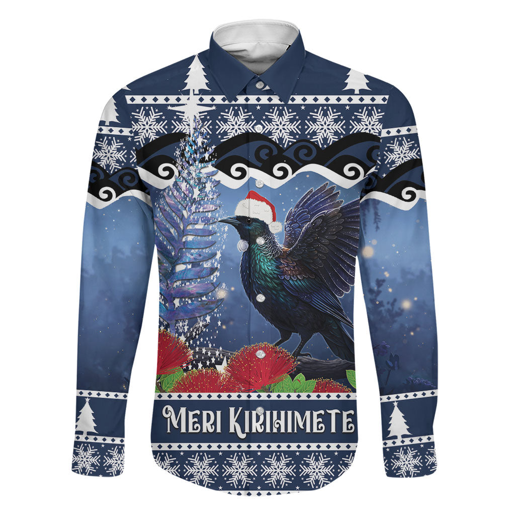 New Zealand Tui Bird Christmas Family Matching Long Sleeve Bodycon Dress and Hawaiian Shirt Pohutukawa Xmas Tree Meri Kirihimete LT22 Dad's Shirt - Long Sleeve Blue - Polynesian Pride