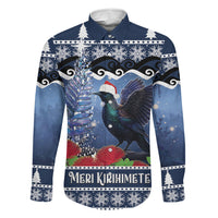 New Zealand Tui Bird Christmas Family Matching Long Sleeve Bodycon Dress and Hawaiian Shirt Pohutukawa Xmas Tree Meri Kirihimete LT22 Dad's Shirt - Long Sleeve Blue - Polynesian Pride