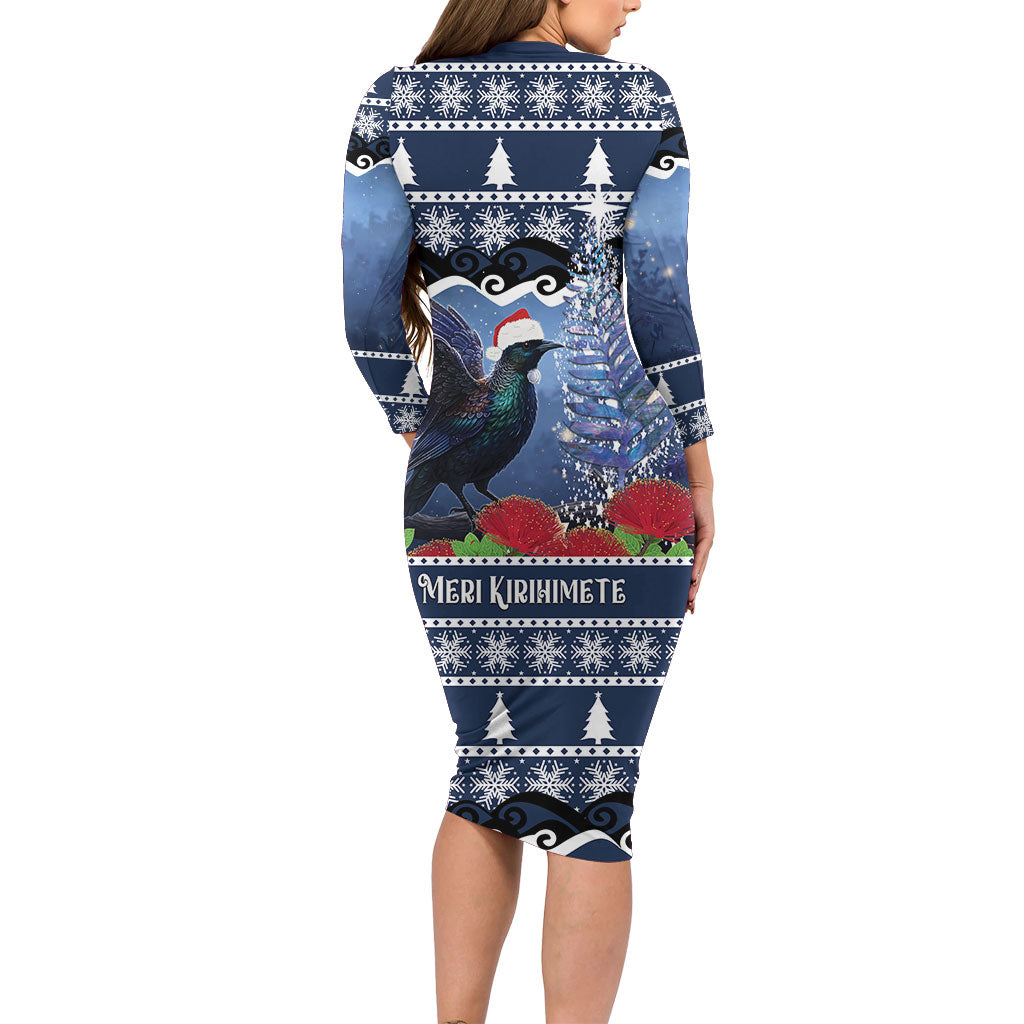 New Zealand Tui Bird Christmas Family Matching Long Sleeve Bodycon Dress and Hawaiian Shirt Pohutukawa Xmas Tree Meri Kirihimete LT22 - Polynesian Pride