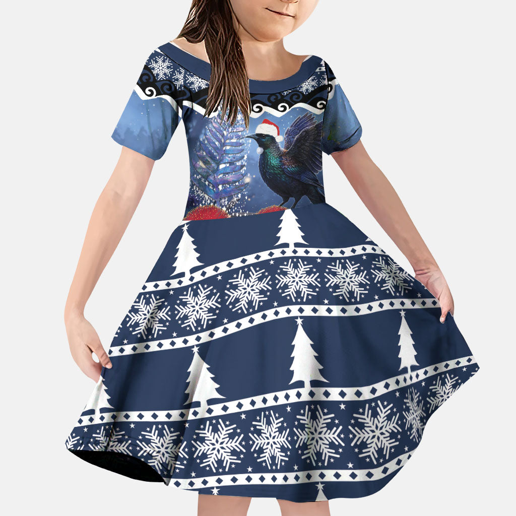 New Zealand Tui Bird Christmas Family Matching Off The Shoulder Long Sleeve Dress and Hawaiian Shirt Pohutukawa Xmas Tree Meri Kirihimete LT22 Daughter's Dress Blue - Polynesian Pride
