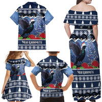 New Zealand Tui Bird Christmas Family Matching Off Shoulder Maxi Dress and Hawaiian Shirt Pohutukawa Xmas Tree Meri Kirihimete LT22 - Polynesian Pride