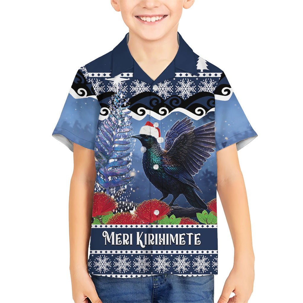 New Zealand Tui Bird Christmas Family Matching Off Shoulder Maxi Dress and Hawaiian Shirt Pohutukawa Xmas Tree Meri Kirihimete LT22 Son's Shirt Blue - Polynesian Pride