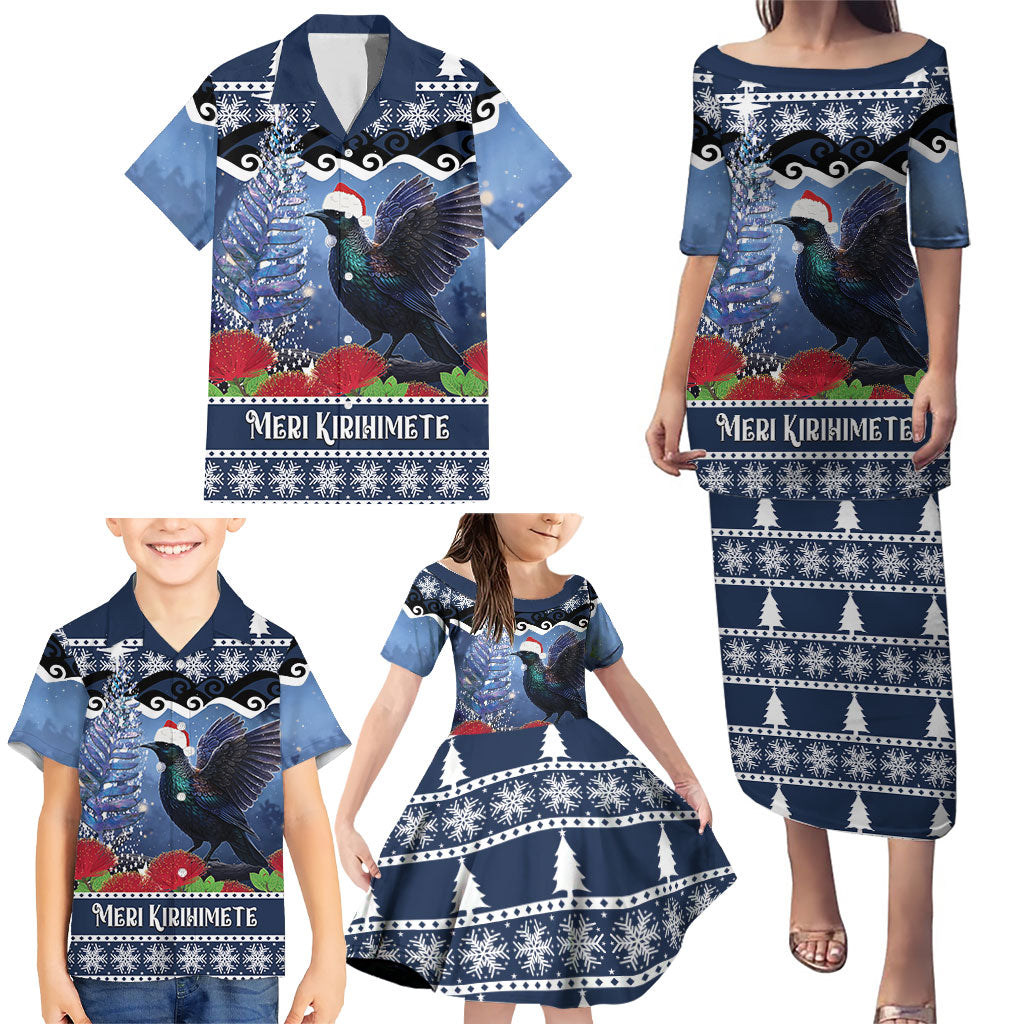 New Zealand Tui Bird Christmas Family Matching Puletasi and Hawaiian Shirt Pohutukawa Xmas Tree Meri Kirihimete LT22 - Polynesian Pride