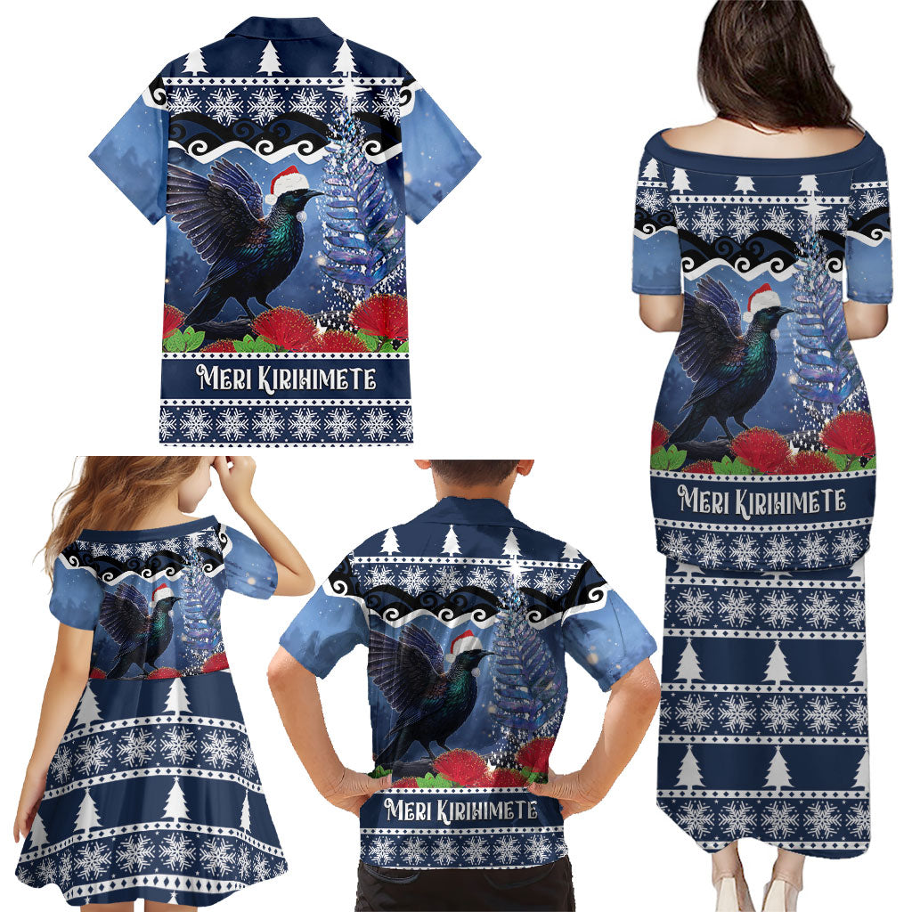 New Zealand Tui Bird Christmas Family Matching Puletasi and Hawaiian Shirt Pohutukawa Xmas Tree Meri Kirihimete LT22 - Polynesian Pride