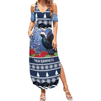New Zealand Tui Bird Christmas Family Matching Summer Maxi Dress and Hawaiian Shirt Pohutukawa Xmas Tree Meri Kirihimete LT22 Mom's Dress Blue - Polynesian Pride