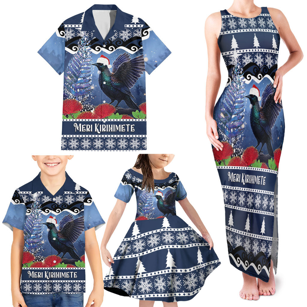 New Zealand Tui Bird Christmas Family Matching Tank Maxi Dress and Hawaiian Shirt Pohutukawa Xmas Tree Meri Kirihimete LT22 - Polynesian Pride
